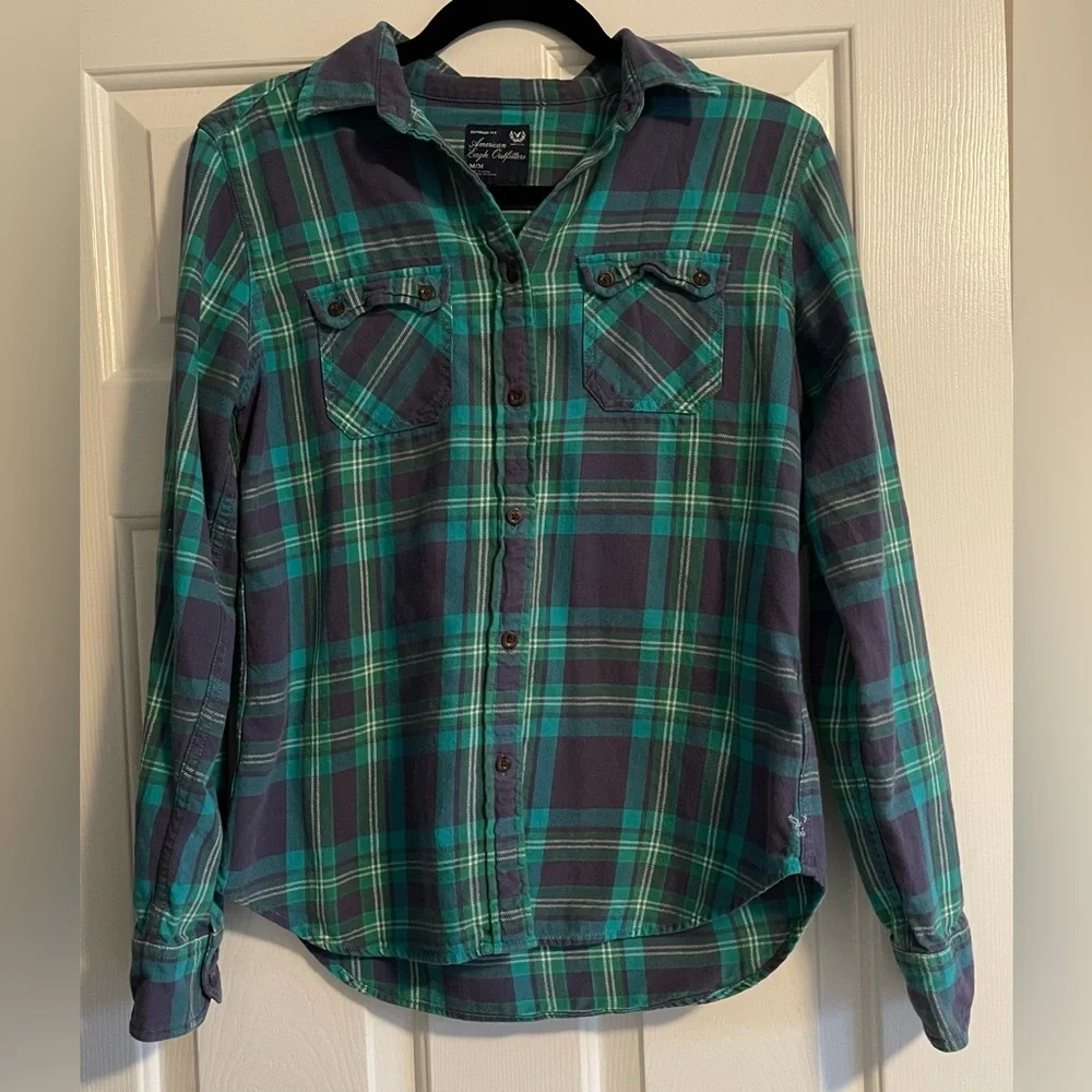 Upcycled AC/DC Band American Eagle Favorite Fit Flannel Plaid Shirt Size M - Picture 3 of 6
